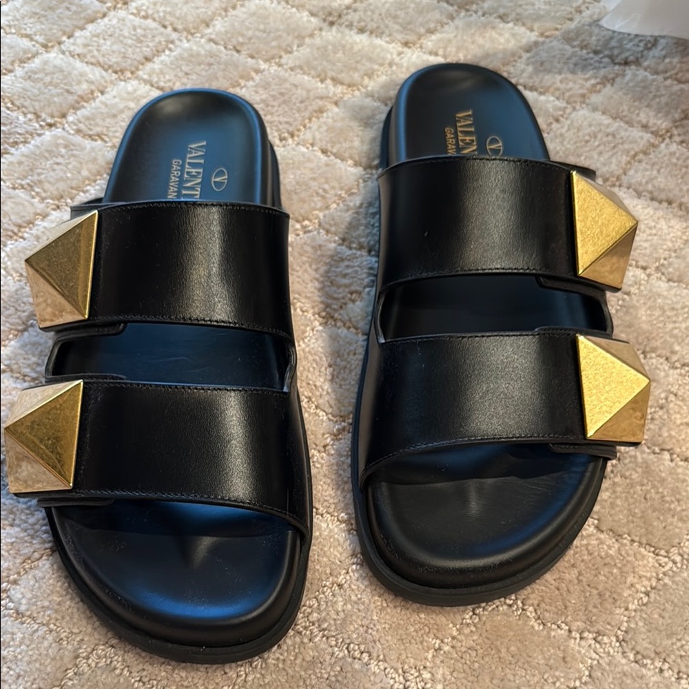Valentino Black Slides with Gold Pyramid Studs